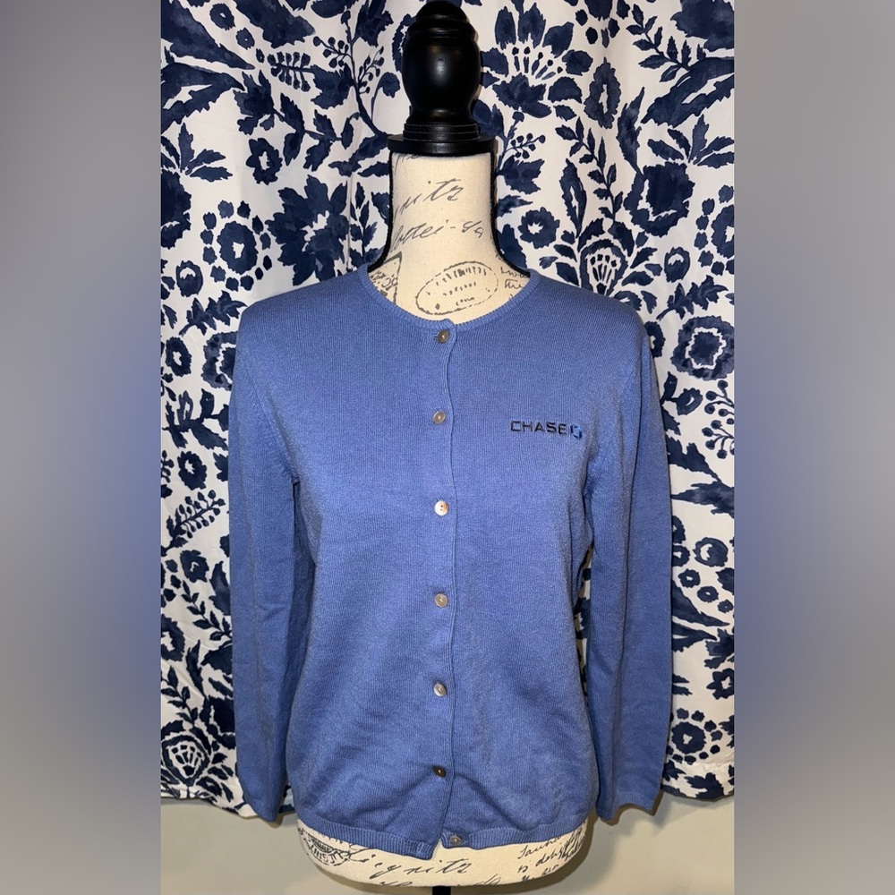 Lovely Blue Cardigan with iridescent Buttons Lands’ End Chase